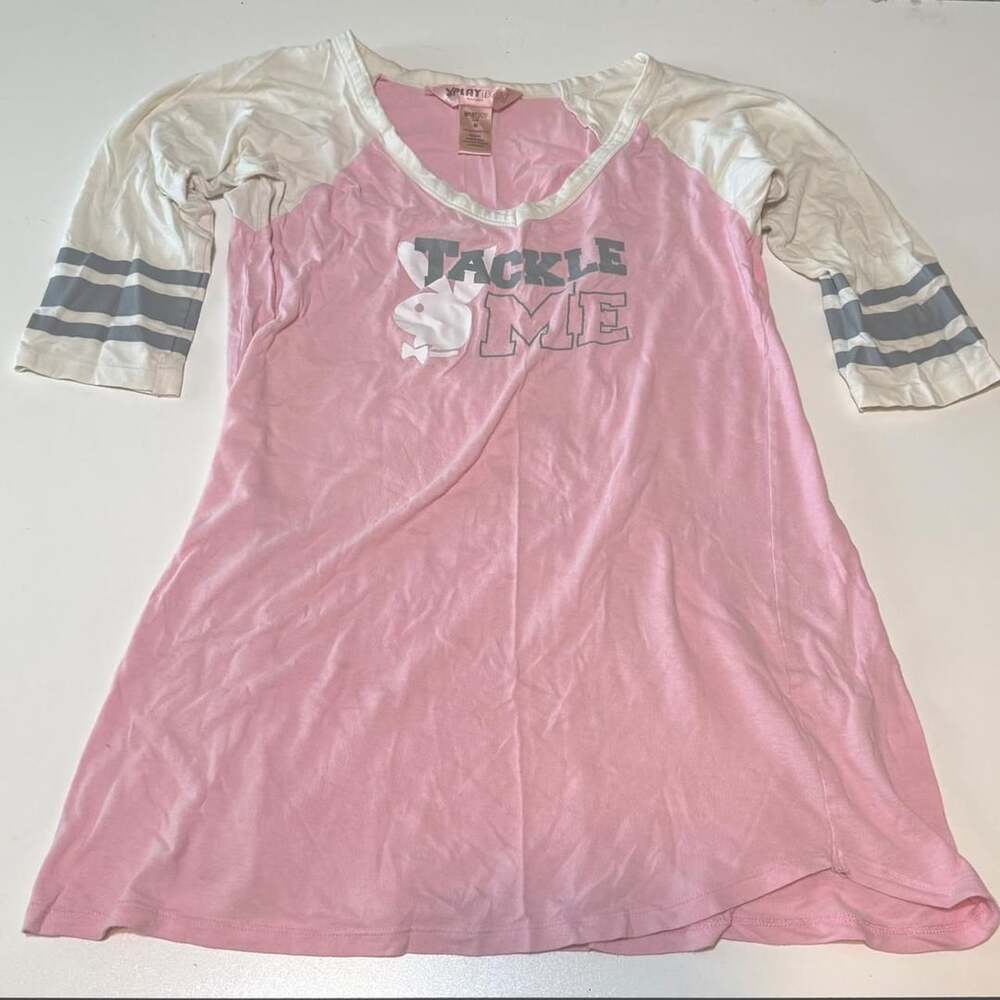 Playboy Intimates Tackle Me Baseball Sleep Shirt Size M Pink White
